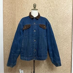 VTG 80s Jean Denim Dark Wash Sherpa Lined Snap Button Corduroy Trucker Jacket